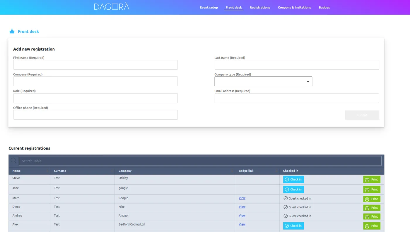 The front desk in admin: add a walk-in registration, and the current list with check-in and print-badge buttons