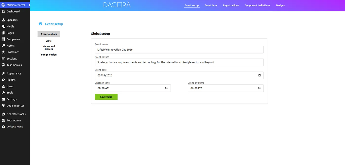 Event setup in admin: name, payoff, date and check-in time, alongside APIs, venue and badge design
