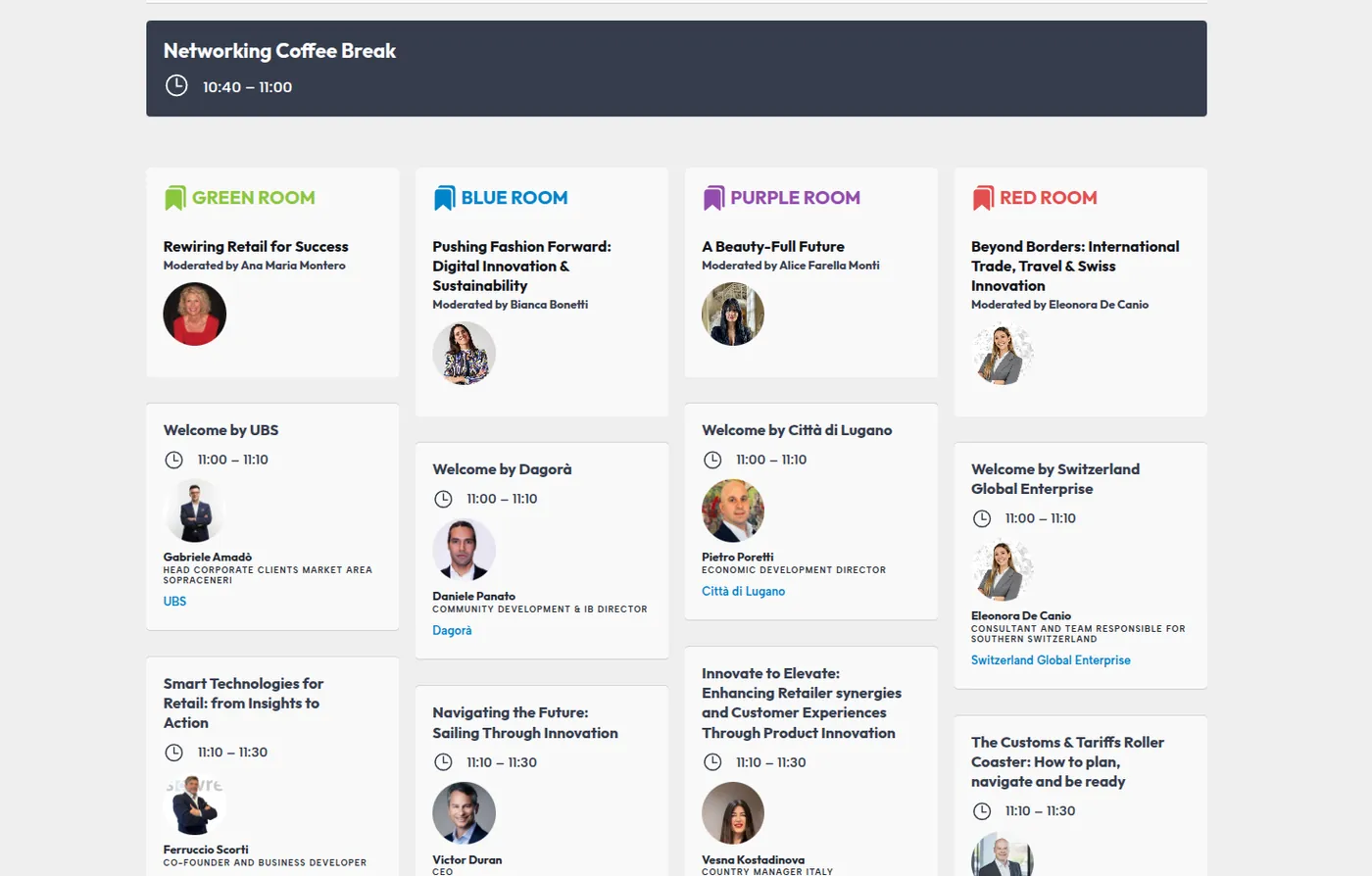 The public agenda: four rooms, sessions with times, speakers and moderators