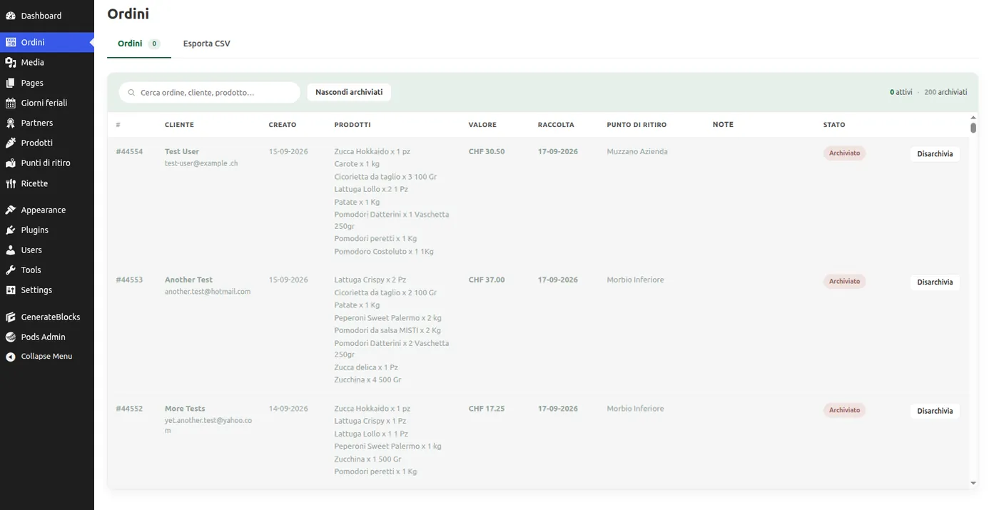 The orders screen in WordPress admin: customer, products, collection point and status per order, with archive and export