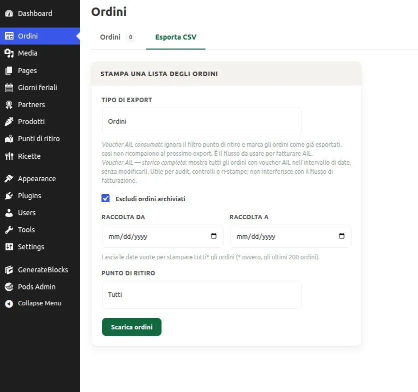 The CSV export screen: orders or vouchers, by date range and pick-up point, for the pickers and drivers