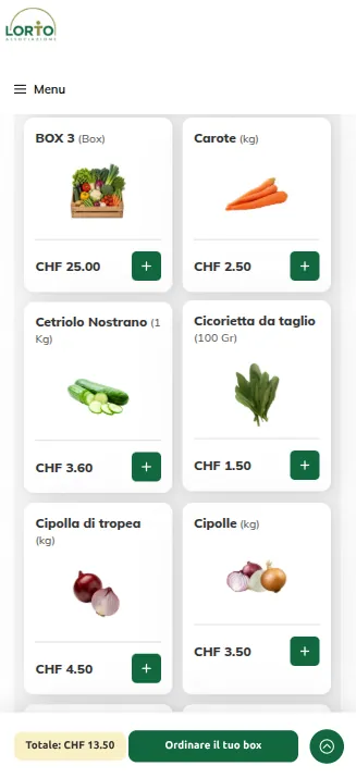 The shop on a phone: two produce cards per row with an add-to-box control, running total at the bottom