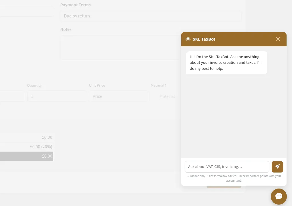 The TaxBot panel open beside an invoice form, with the note 'Guidance only, not formal tax advice'