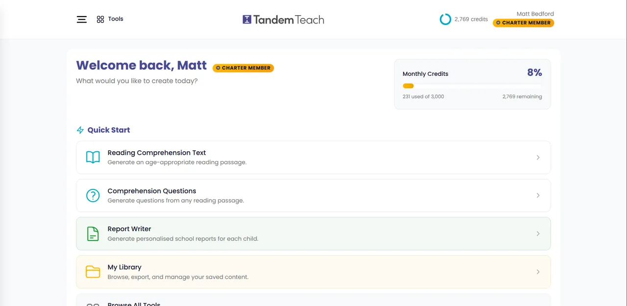 The teacher dashboard: quick-start tools and the monthly credit meter