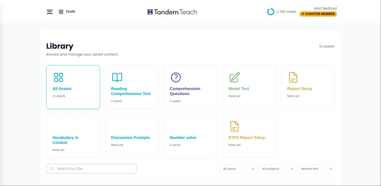 A teacher's personal library of saved reading texts, questions and number prompts