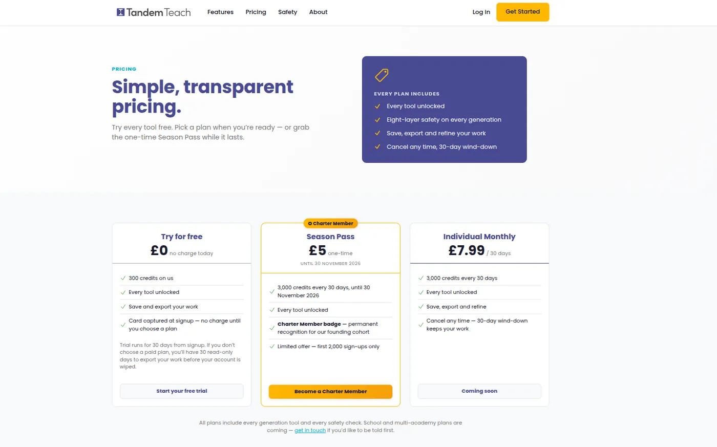 Pricing page: free trial, a one-off Season Pass for charter members, and a monthly plan